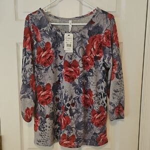 NY Collection Gray, Blue and Red Floral Top